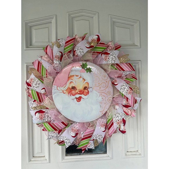XL 28” Pink Red Green Santa Claus Deco Mesh Ribbon Christmas Wreath - Picture 8 of 8